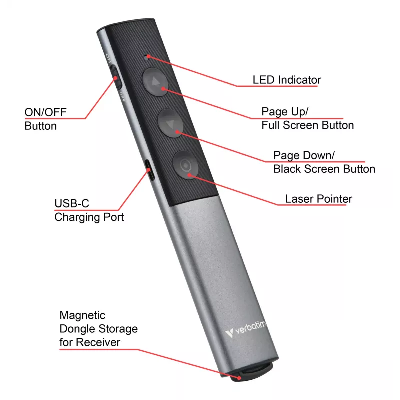 Verbatim Agenda bezdrôtový prezentér s červeným laserovým ukazovátkom, RF, USB, 100 m, čierna, strieborná