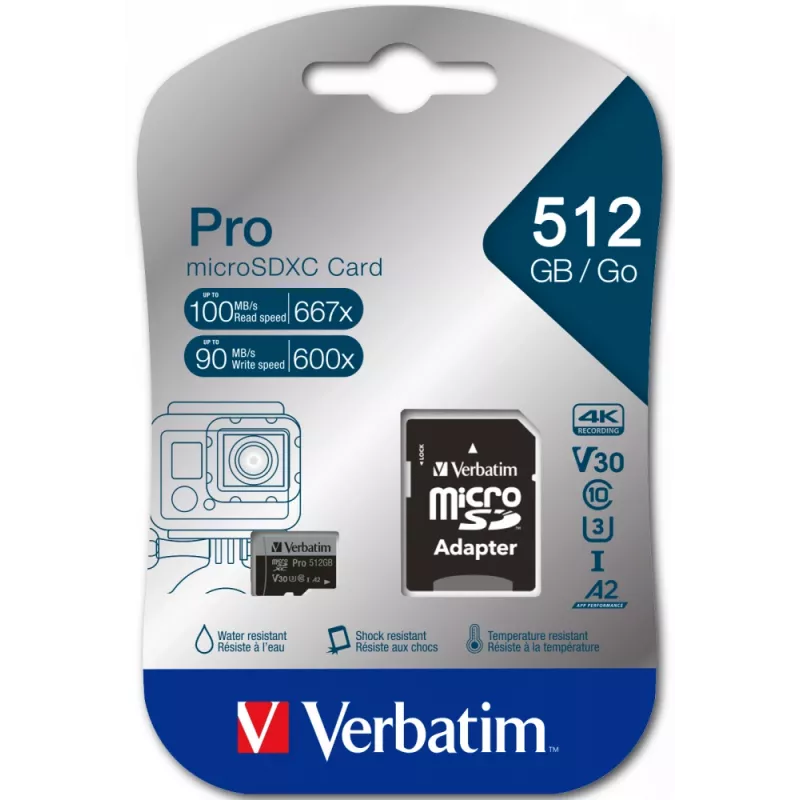 Verbatim Pro U3 512GB Micro SDXC karta, 512 GB, MicroSDXC, Class 10, UHS-I, 100 MB/s, 90 MB/s