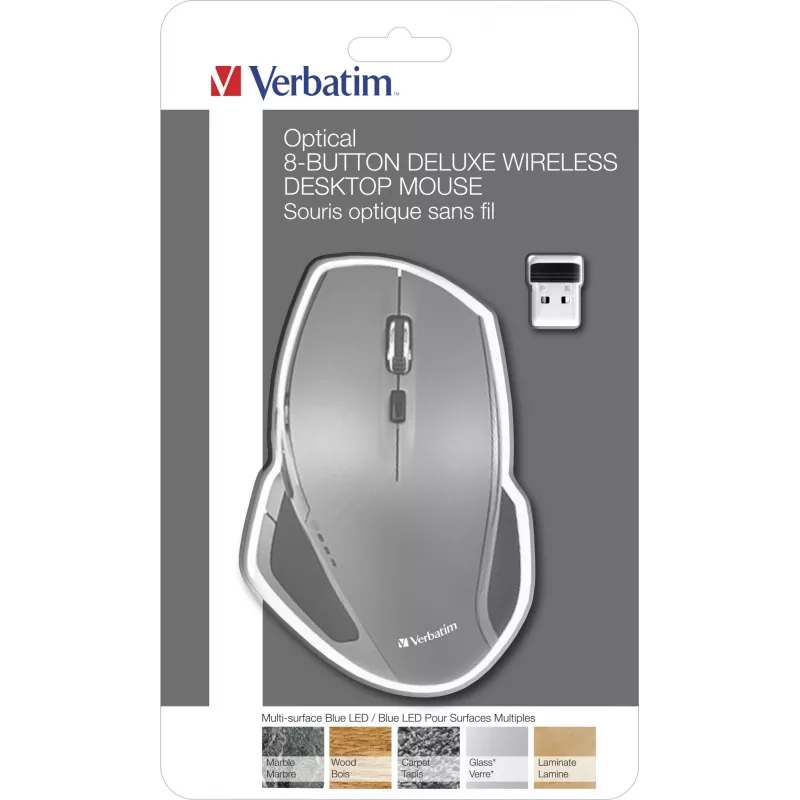 Verbatim 8-tlačidlová bezdrôtová myš Blue LED, Blue LED, RF Wireless, 1600 DPI, čierna, sivá