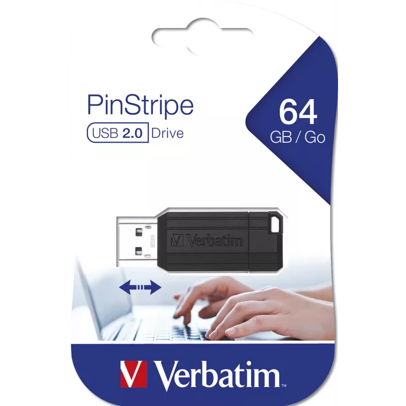 Verbatim PinStripe - USB disk 64 GB - čierny, 64 GB, USB Type-A, 2.0, 10 MB/s, Slide, čierny