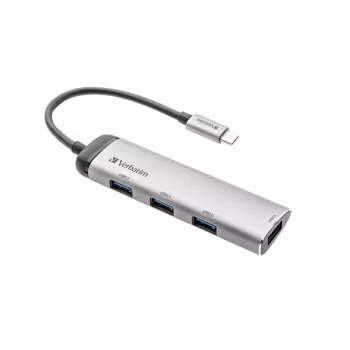 Verbatim USB-C multiport hub, štyri porty USB 3.2 Gen 1, USB 3.2 Gen 1 (3.1 Gen 1) Type-C, USB 3.2 Gen 1 (3.1 Gen 1) Type-A, 5000 Mbit/s, sivý, hliník, plast, 0,15 m