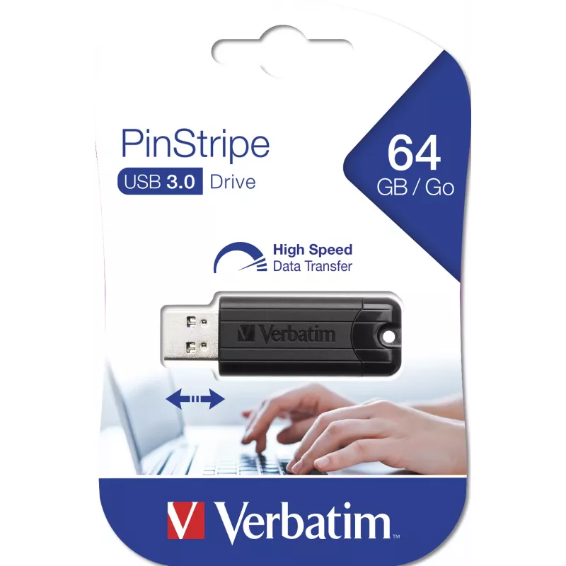 Verbatim PinStripe 3.0 - USB 3.0 kľúč 64 GB – čierna, 64 GB, USB Type-A, 3.2 Gen 1 (3.1 Gen 1), Slide, 7 g, čierna