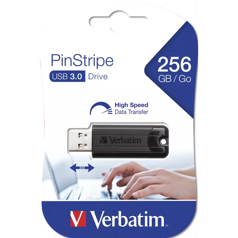 Verbatim PinStripe 3.0 - USB 3.0 disk 256 GB – čierna, 256 GB, USB Type-A, 3.2 Gen 1 (3.1 Gen 1), Slide, 7 g, čierna