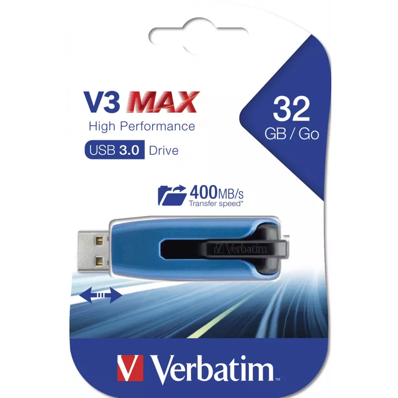 Verbatim V3 MAX - USB 3.0 disk 32 GB - modrá, 32 GB, USB Type-A, 3.2 Gen 1 (3.1 Gen 1), 175 MB/s, Slide, modrá