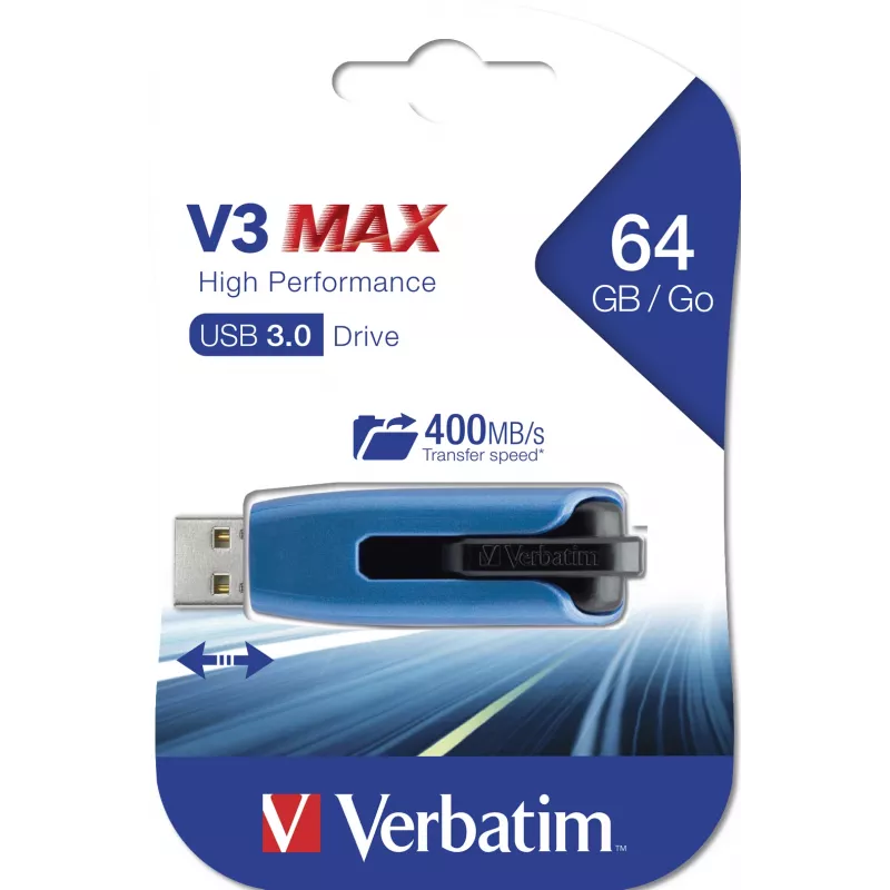 Verbatim V3 MAX - USB 3.0 disk 64 GB - modrá, 64 GB, USB Type-A, 3.2 Gen 1 (3.1 Gen 1), Slide, 10 g, modrá