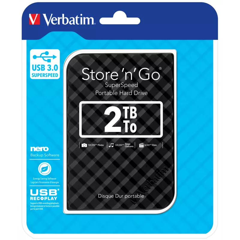 Verbatim Store 'n' Go USB 3.0 pevný disk 2TB čierny, 2 TB, 3.2 Gen 1 (3.1 Gen 1), 5400 ot/min, čierny