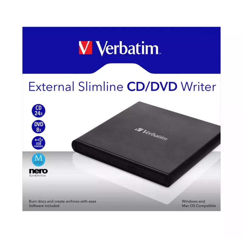 Verbatim External Slimline CD/DVD Writer optická mechanika DVD±RW čierna