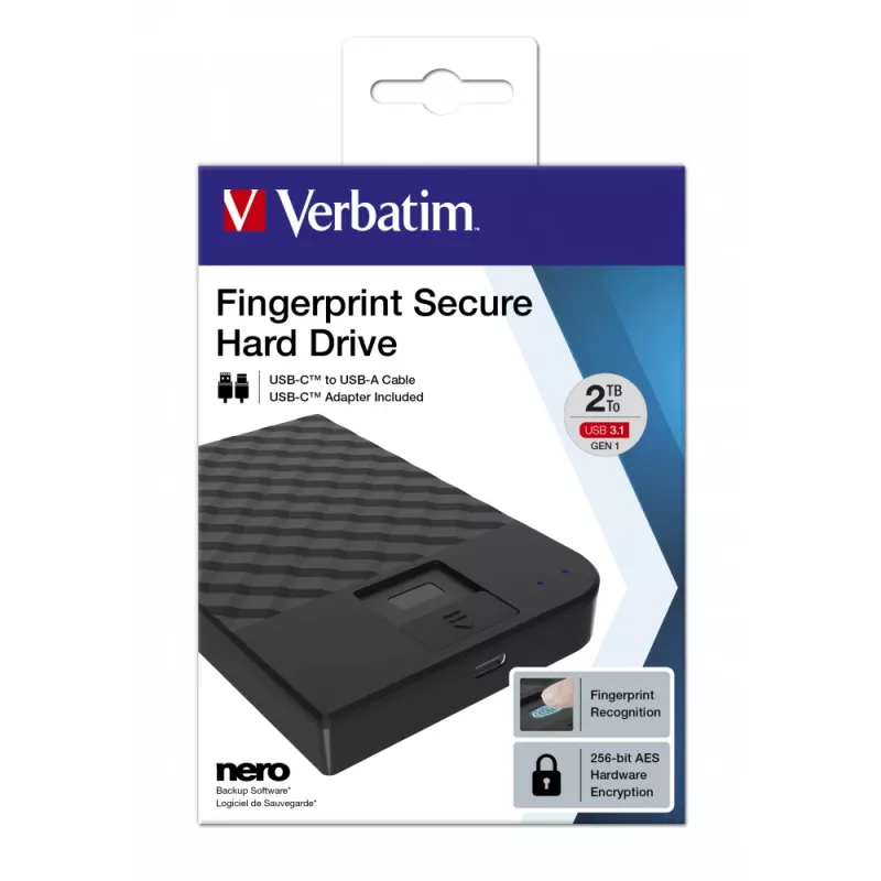Verbatim Fingerprint Secure prenosný pevný disk 2TB, 2 TB, 3.2 Gen 1 (3.1 Gen 1), čierny