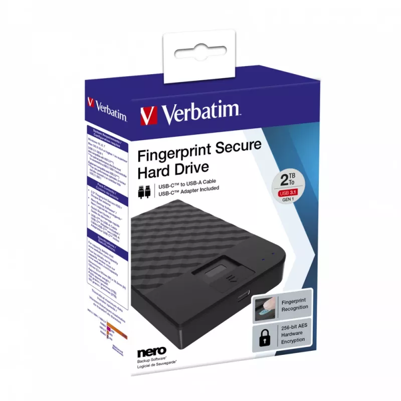 Verbatim Fingerprint Secure prenosný pevný disk 2TB, 2 TB, 3.2 Gen 1 (3.1 Gen 1), čierny