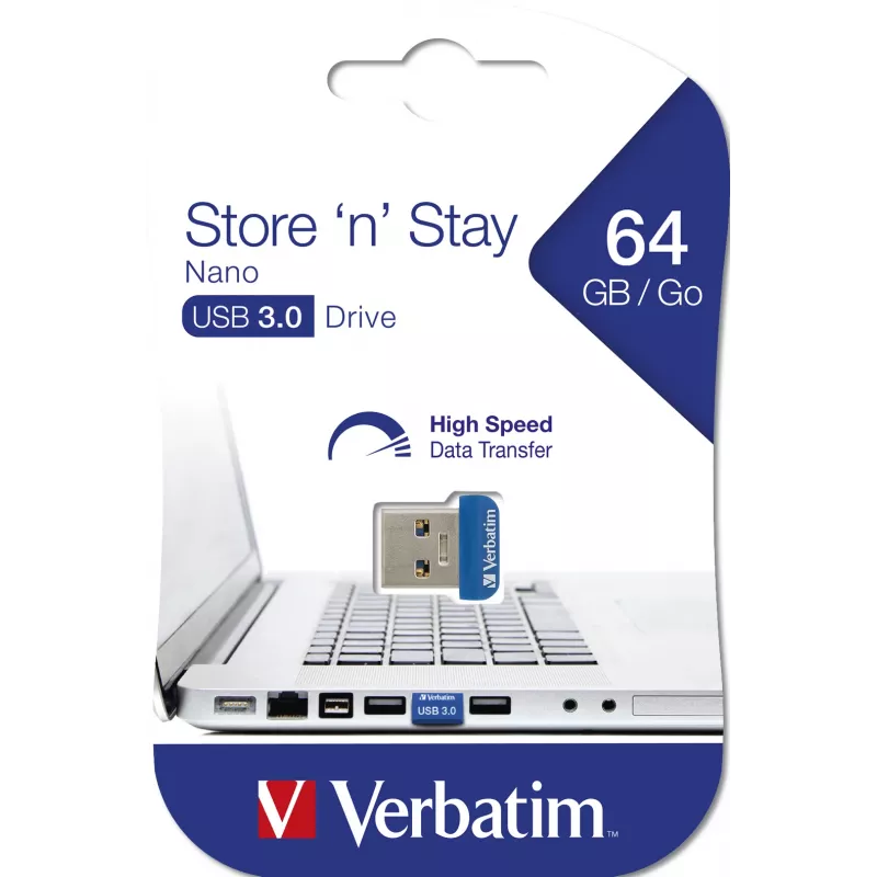 Verbatim Store 'n' Stay NANO – USB 3.0 kľúč 64 GB – modrá, 64 GB, USB Type-A, 3.2 Gen 1 (3.1 Gen 1), krytka, 3 g, modrá