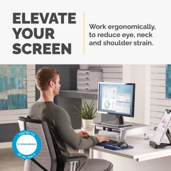 Fellowes podstavec na počítačový monitor s 5 nastaveniami výšky - Office Suites podstavec na monitor s priehradkou - ergonomicky nastaviteľný podstavec na monitor pre počítač - max. hmotnosť 36 kg/max. veľkosť 28 palcov - grafit