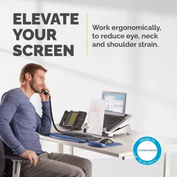 Fellowes podstavec na notebook na stôl – Office Suites Plus nastaviteľný podstavec na notebook pre domov a kanceláriu – podstavec na notebook s 5 nastaveniami výšky – max. veľkosť obrazovky 17 palcov, max. hmotnosť 5 kg – čierna/strieborná