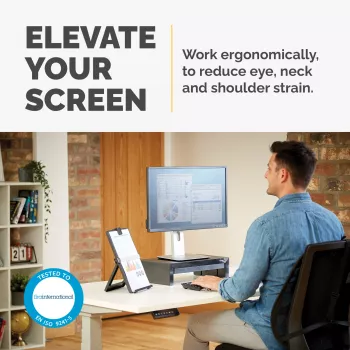 Fellowes podstavec na počítačový monitor s 3 nastaveniami výšky - Designer Suites podstavec na monitor s priehradkou - ergonomicky nastaviteľný podstavec na monitor pre počítač - max. hmotnosť 18 kg / max. veľkosť 21 palcov - čierna/perlovo biela