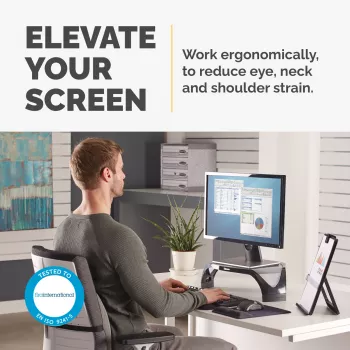 Fellowes podstavec na počítačový monitor s 3 nastaveniami výšky - Smart Suites podstavec na monitor - ergonomicky nastaviteľný podstavec na monitor pre počítač - max. hmotnosť 10 kg/max. veľkosť 21 palcov - čierna