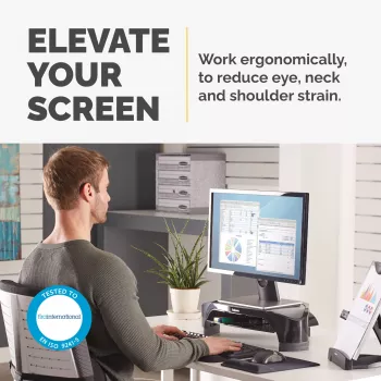 Fellowes podstavec pod monitor s 3 nastaveniami výšky – Smart Suites Monitor Riser Plus s úložným priestorom – ergonomický nastaviteľný podstavec pod monitor pre počítač – max. hmotnosť 10 kg/max. veľkosť 21 palcov – čierny