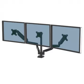 Fellowes Platinum Series trojitý držiak monitora – držiak monitora pre tri 7 kg ťažké 27-palcové obrazovky – nastaviteľný trojitý stolový držiak monitora – náklon 45°, otáčanie 180°, rotácia 360°, VESA 75 x 75/100 x 100 – čierny