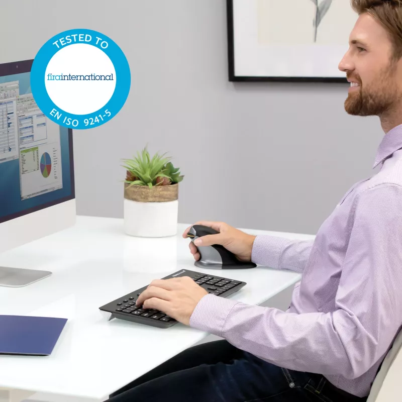 Fellowes obojručná vertikálna myš – malá, bezdrôtová, obojručná, vertikálny dizajn, laser, RF Wireless, 1200 DPI, čierna, strieborná