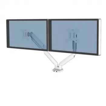 Fellowes Platinum Series dvojitý ramenný držiak monitora – držiak pre dva monitory s hmotnosťou 8 kg 40 palcové obrazovky – nastaviteľný stolový držiak pre dva monitory – náklon 45°, otočenie 180°, rotácia 360°, rotácia 360°, VESA 75 x 75/100 x 100 – biely