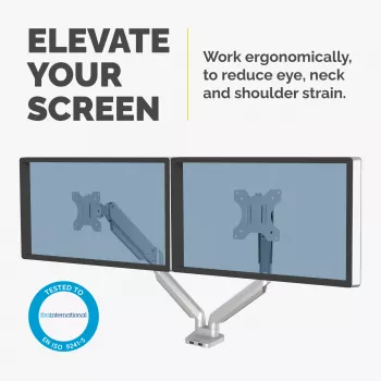 Fellowes Platinum Series dvojitý ramenný držiak monitora - držiak monitora pre dva 8 kg 40 palcové obrazovky - nastaviteľný stolový držiak pre dva monitory - náklon 45° otočenie 180ᵒ rotácia 360ᵒ rotácia 360ᵒ, VESA 75 x 75/100 x 100 - strieborný