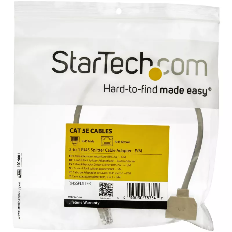 StarTech.com 2-na-1 RJ45 rozbočovací káblový adaptér – samica/samec, 10/100Base-T(X), Cat5e, sivý, polyvinylchlorid (PVC), 0,33 m, konektor samec/samica