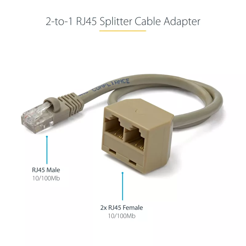 StarTech.com 2-na-1 RJ45 rozbočovací káblový adaptér – samica/samec, 10/100Base-T(X), Cat5e, sivý, polyvinylchlorid (PVC), 0,33 m, konektor samec/samica