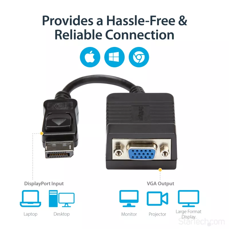 StarTech.com DisplayPort na VGA adaptér – aktívny DP na VGA konvertor – 1080p video – odolný – DP/DP++ zdroj na VGA monitor káblový adaptér dongle – DP 1.2 na VGA – zaisťovací DP konektor