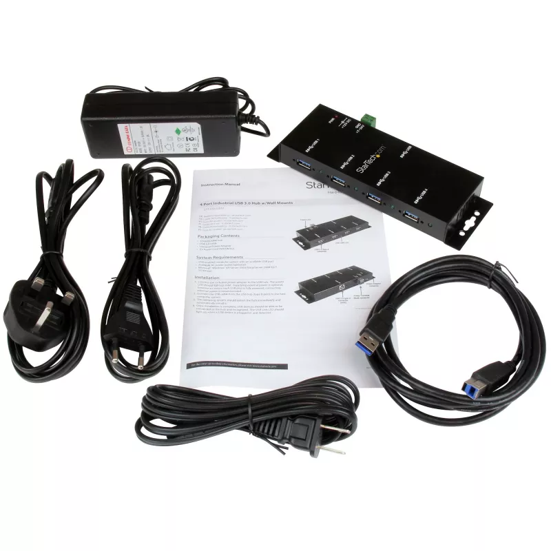 StarTech.com 4-portový priemyselný USB 3.0 hub s ESD ochranou~4-portový USB 3.0 hub – 5Gbps – kovový priemyselný USB-A hub – nástenná alebo stolová montáž USB dátový hub – TAA kompatibilný USB rozširujúci hub
