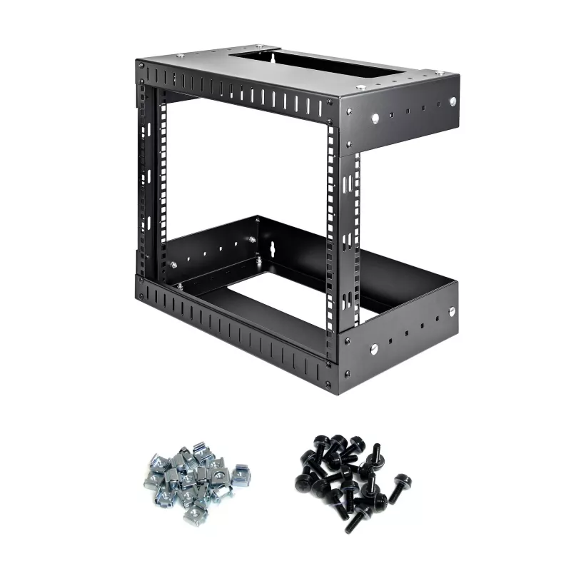 StarTech.com 8U 19-palcový nástenný sieťový rack – nastaviteľná hĺbka 12–20 palcov 2-stĺpikový open-frame serverový rack pre AV/dáta/IT komunikáciu/počítačové vybavenie/switch s klietkovými maticami a skrutkami