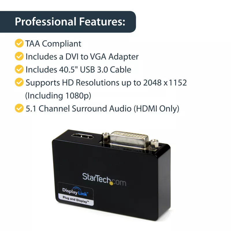 StarTech.com USB 3.0 na HDMI / DVI adaptér – 2048 x 1152, 3.2 Gen 1 (3.1 Gen 1), USB Type-B, DVI výstup, HDMI výstup, 2048 x 1152 pixelov