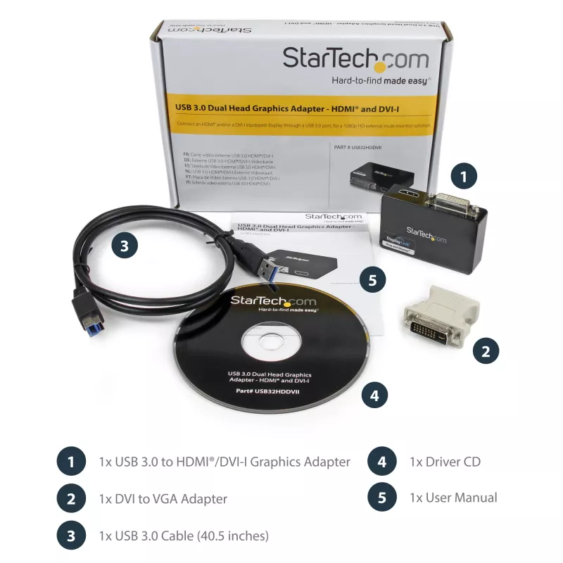 StarTech.com USB 3.0 na HDMI / DVI adaptér – 2048 x 1152, 3.2 Gen 1 (3.1 Gen 1), USB Type-B, DVI výstup, HDMI výstup, 2048 x 1152 pixelov
