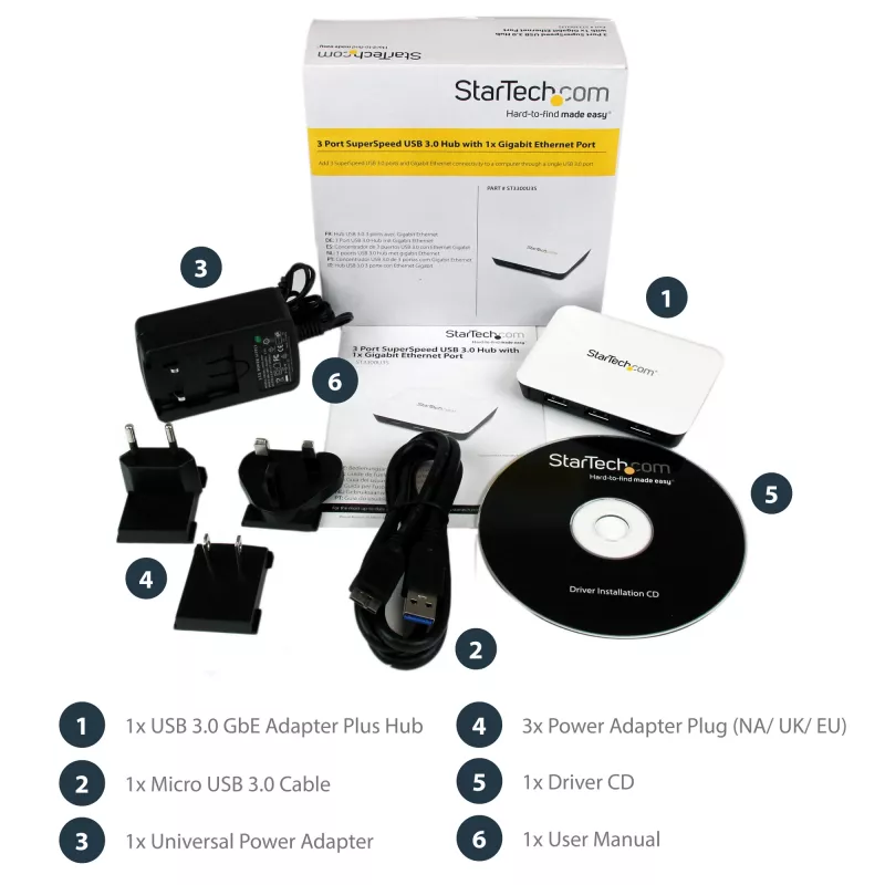 StarTech.com USB 3.0 na Gigabit Ethernet NIC sieťový adaptér s 3-portovým hubom - biela