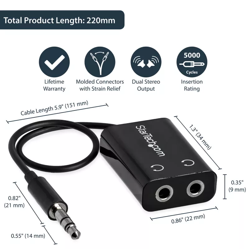 StarTech.com čierny štíhly Mini jack slúchadlový rozbočovací kábel adaptér – 3,5 mm konektor samec na 2x 3,5 mm konektor samica