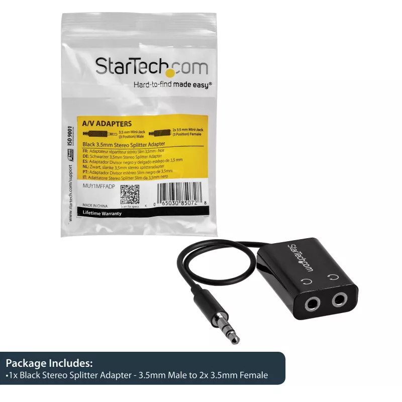 StarTech.com čierny štíhly Mini jack slúchadlový rozbočovací kábel adaptér – 3,5 mm konektor samec na 2x 3,5 mm konektor samica