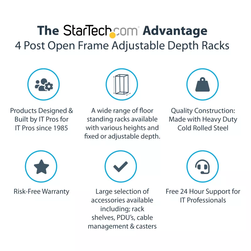 StarTech.com 4-stĺpikový 42U mobilný open-frame serverový rack, štvrostĺpikový 19 inch sieťový rack s kolieskami, pojazdný rack s nastaviteľnou hĺbkou pre počítače/AV/dáta/IT vybavenie – kolieska, vyrovnávacie nožičky alebo montáž na podlahu