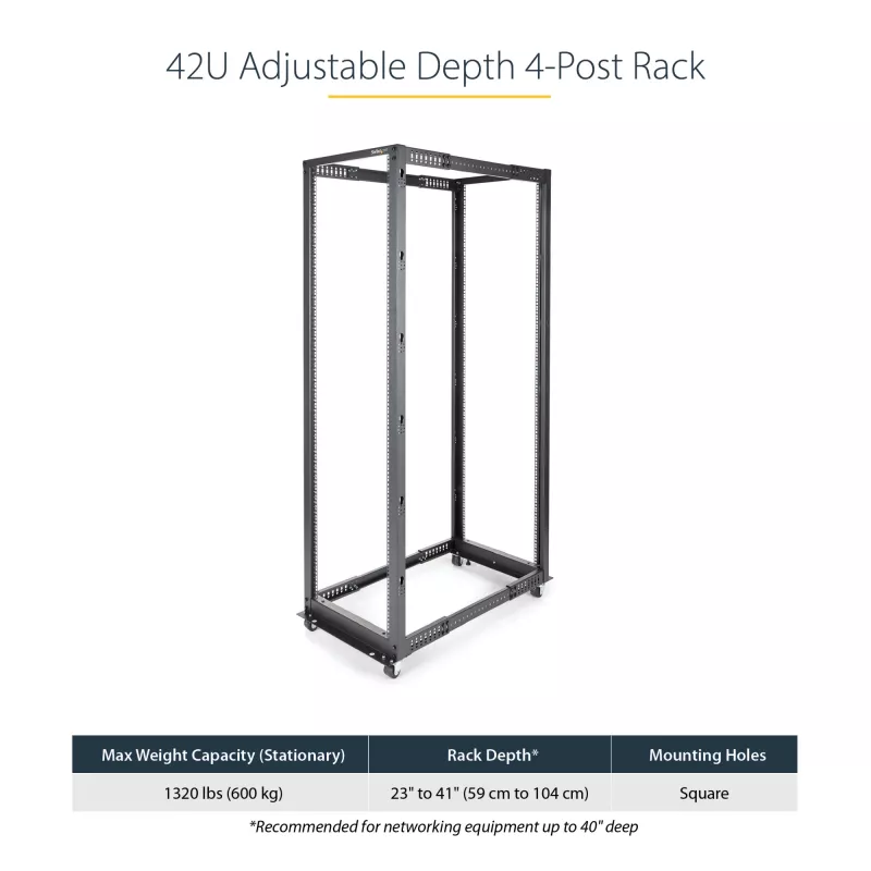 StarTech.com 4-stĺpikový 42U mobilný open-frame serverový rack, štvrostĺpikový 19 inch sieťový rack s kolieskami, pojazdný rack s nastaviteľnou hĺbkou pre počítače/AV/dáta/IT vybavenie – kolieska, vyrovnávacie nožičky alebo montáž na podlahu