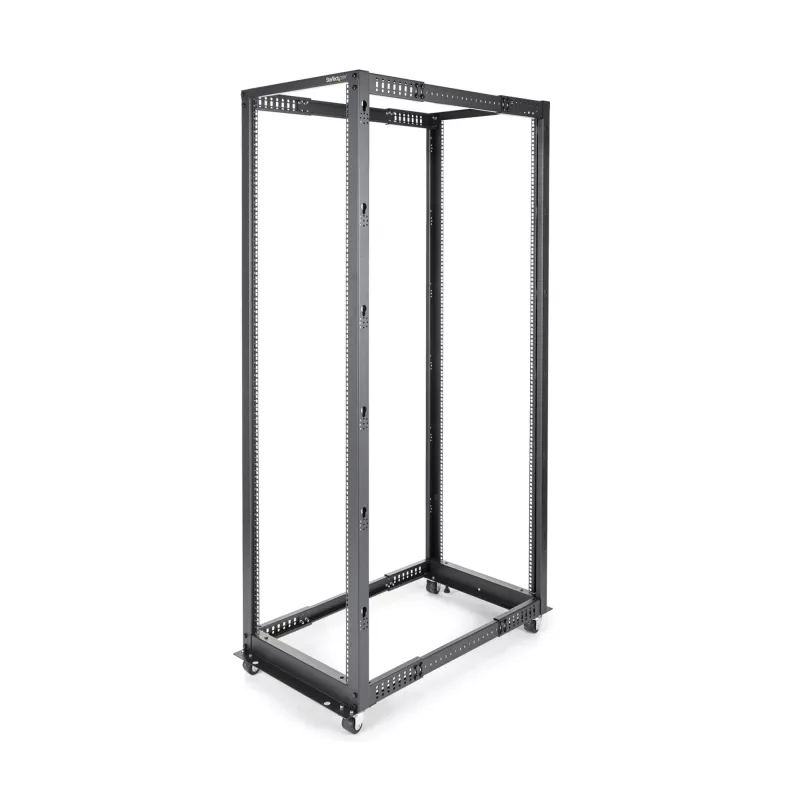 StarTech.com 4-stĺpikový 42U mobilný open-frame serverový rack, štvrostĺpikový 19 inch sieťový rack s kolieskami, pojazdný rack s nastaviteľnou hĺbkou pre počítače/AV/dáta/IT vybavenie – kolieska, vyrovnávacie nožičky alebo montáž na podlahu