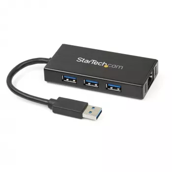 StarTech.com 3-portový prenosný USB 3.0 hub s gigabitovým ethernetom - hliníkový s integrovaným káblom~3-portový prenosný USB 3.0 hub s gigabitovým ethernetom - 5 Gbit/s - hliníkový s integrovaným káblom