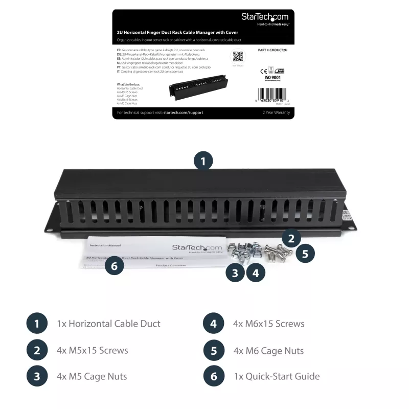 StarTech.com horizontálny 2U serverový rack káblový manažment finger duct s krytom – 19