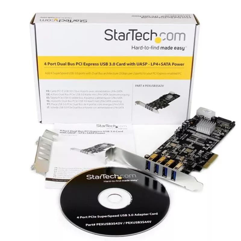 StarTech.com 4-portová PCI Express USB 3.0 karta, PCIe, USB 3.2 Gen 1 (3.1 Gen 1), Full-Height / Low-Profile, PCI 2.0, čierna, nehrdzavejúca oceľ, 3 m