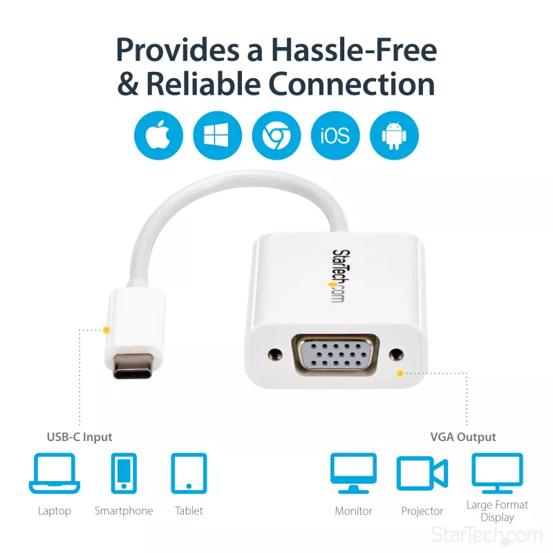 StarTech.com USB-C na VGA adaptér – biely, 3.2 Gen 1 (3.1 Gen 1), USB Type-C, VGA (D-Sub) výstup, 1920 x 1200 pixelov