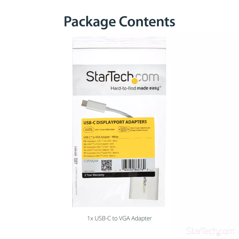 StarTech.com USB-C na VGA adaptér – biely, 3.2 Gen 1 (3.1 Gen 1), USB Type-C, VGA (D-Sub) výstup, 1920 x 1200 pixelov