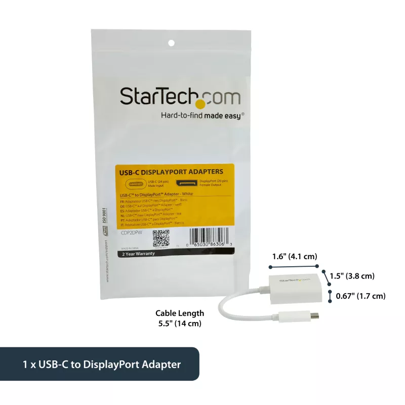 StarTech.com USB-C na DisplayPort adaptér – 4K 60Hz/8K 30Hz – USB Type-C na DP 1.4 HBR2 adaptér dongle – kompaktný USB-C (DP Alt Mode) monitor video konvertor – kompatibilný s Thunderbolt 3 – biely