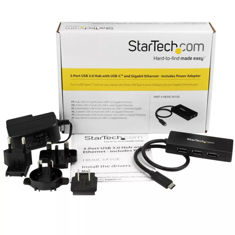 StarTech.com 3-portový USB 3.0 hub plus Gigabit Ethernet – USB-C – vrátane napájacieho zdroja