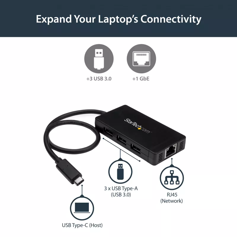 StarTech.com 3-portový USB 3.0 hub plus Gigabit Ethernet – USB-C – vrátane napájacieho zdroja