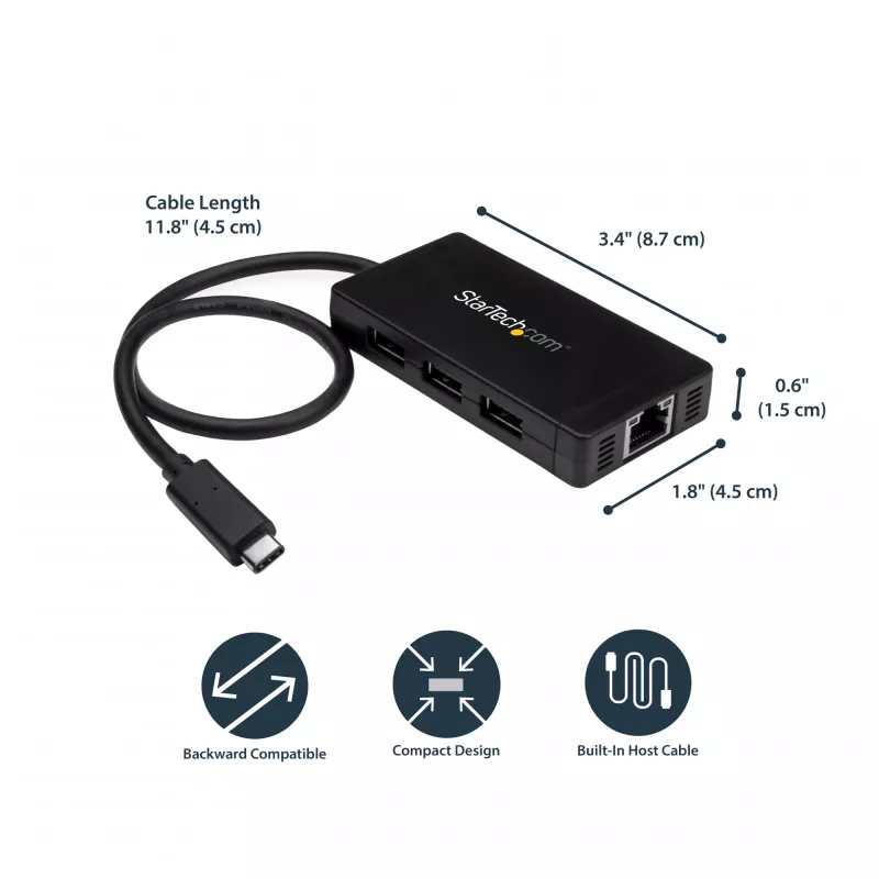 StarTech.com 3-portový USB 3.0 hub plus Gigabit Ethernet – USB-C – vrátane napájacieho zdroja