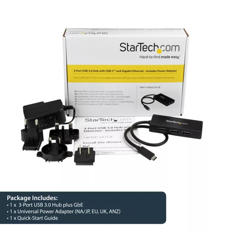 StarTech.com 3-portový USB 3.0 hub plus Gigabit Ethernet – USB-C – vrátane napájacieho zdroja