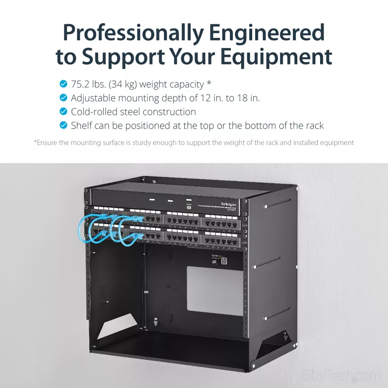 StarTech.com nástenný serverový rack s integrovanou policou – masívna oceľ – 8U