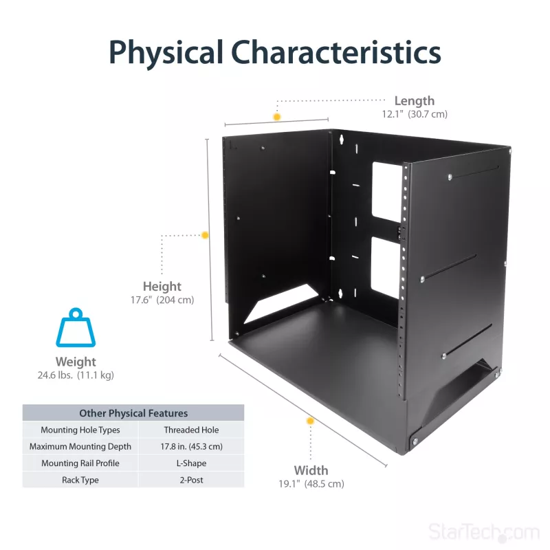 StarTech.com nástenný serverový rack s integrovanou policou – masívna oceľ – 8U