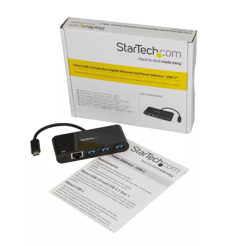 StarTech.com 3-port USB-C hub s Gigabit Ethernet & 60 W Power Delivery passthrough nabíjaním laptopu – USB-C na 3x USB-A (USB 3.0 SuperSpeed 5 Gbit/s) – USB 3.1/3.2 Gen 1 Type-C adaptérový hub
