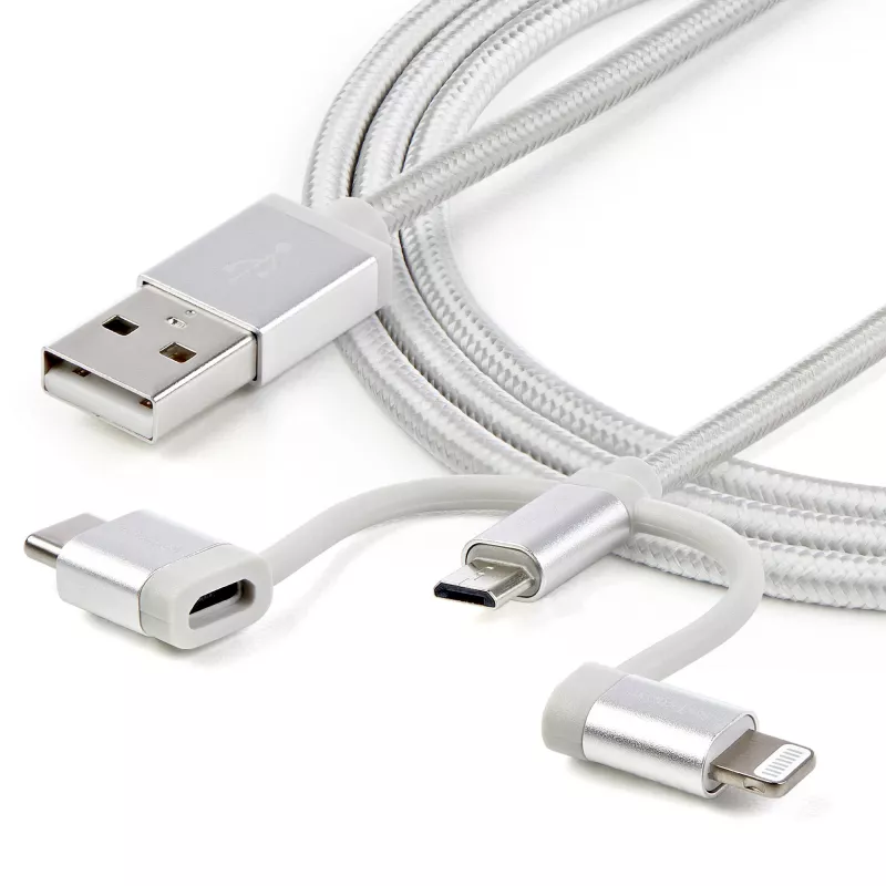 StarTech.com 1 m USB multi nabíjací kábel – USB na Micro-USB alebo USB-C alebo Lightning pre iPhone/iPad/iPod/Android – Apple MFi certifikovaný – 3-in-1 USB nabíjačka – pletený